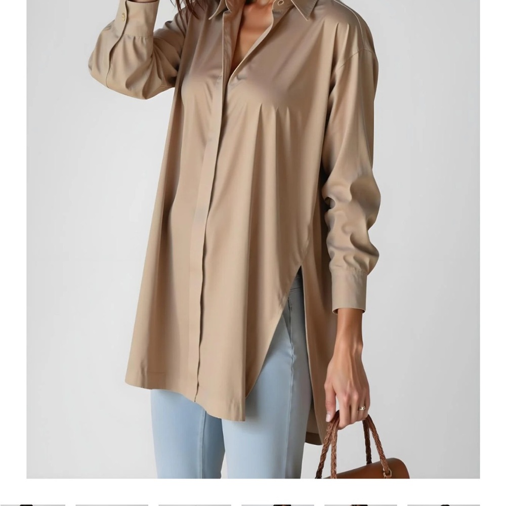 Classic Longline Button-Down Shirt in Beige